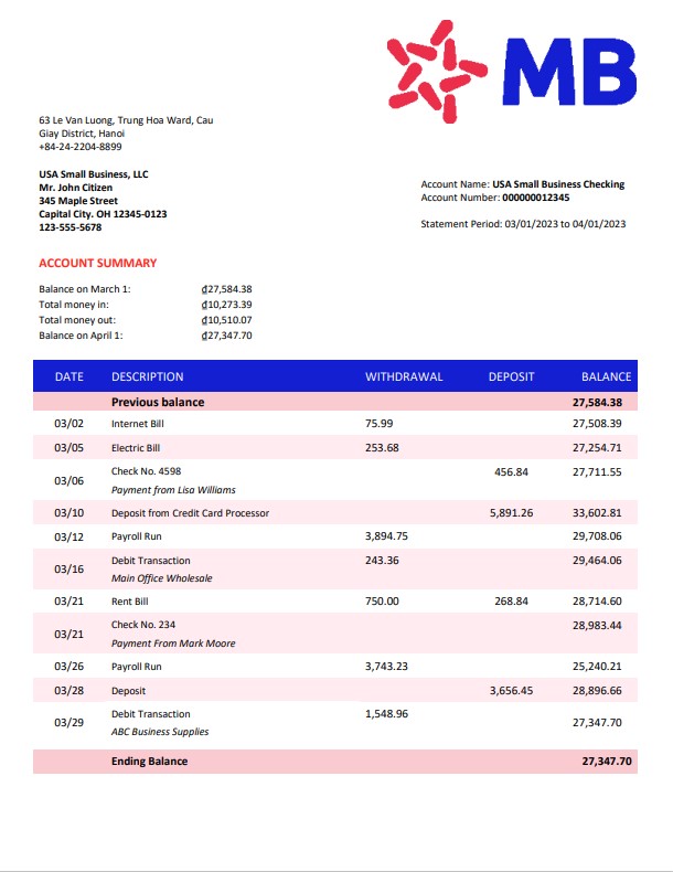Modèle Word et PDF de déclaration d'entreprise de MB Bank